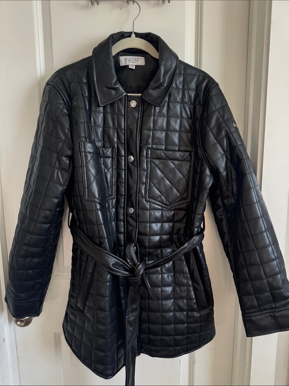 Laundry By Shelli Segal Black Quilted Faux-Leather Belted Jacket